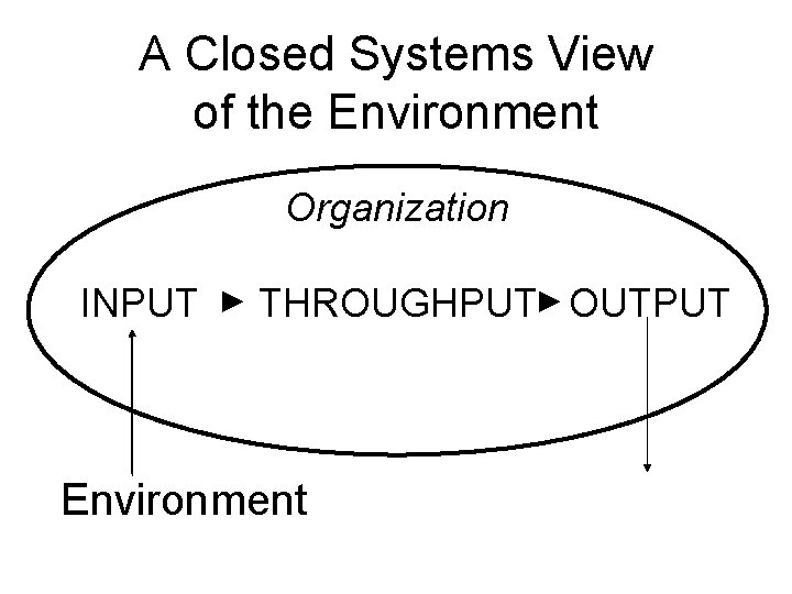A Closed Systems View of the Environment Organization INPUT THROUGHPUT OUTPUT Environment 