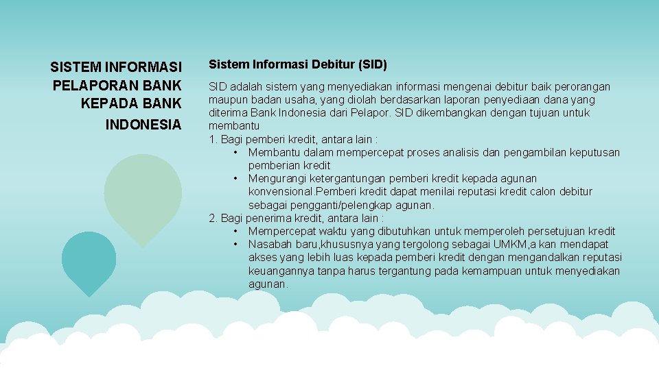 SISTEM INFORMASI PELAPORAN BANK KEPADA BANK INDONESIA Sistem Informasi Debitur (SID) SID adalah sistem