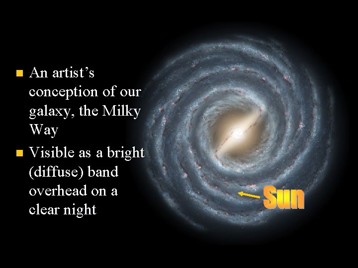 An artist’s conception of our galaxy, the Milky Way n Visible as a bright