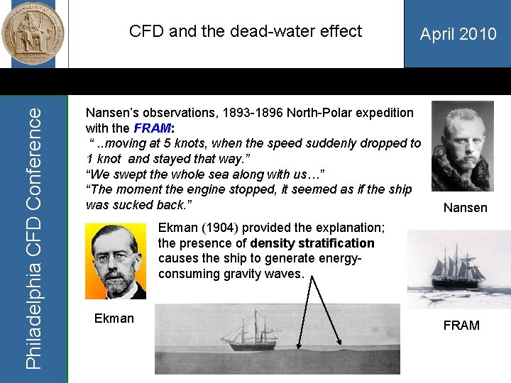 Philadelphia CFD Conference CFD and the dead-water effect April 2010 Nansen’s observations, 1893 -1896