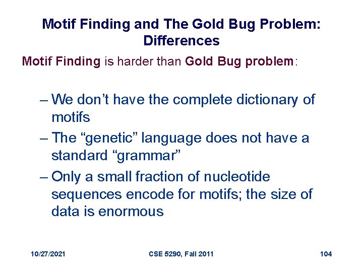 Motif Finding and The Gold Bug Problem: Differences Motif Finding is harder than Gold