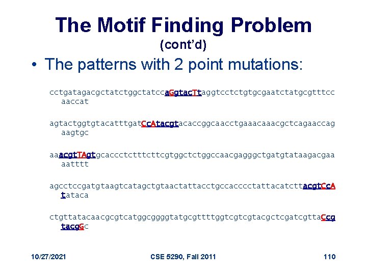 The Motif Finding Problem (cont’d) • The patterns with 2 point mutations: cctgatagacgctatctggctatcca. Ggtac.