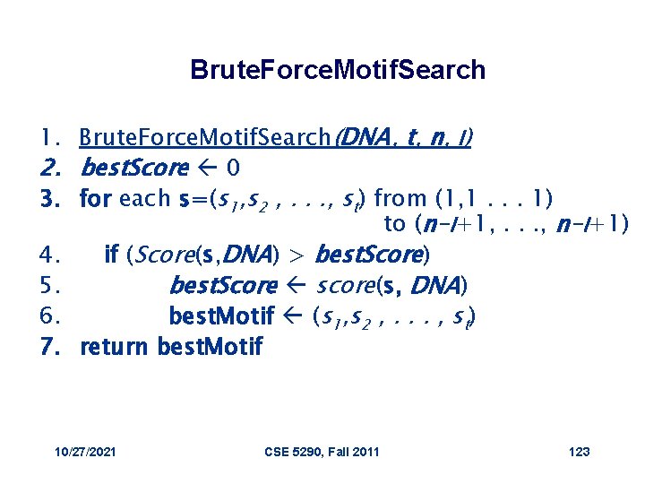 Brute. Force. Motif. Search 1. Brute. Force. Motif. Search(DNA, t, n, l) 2. best.