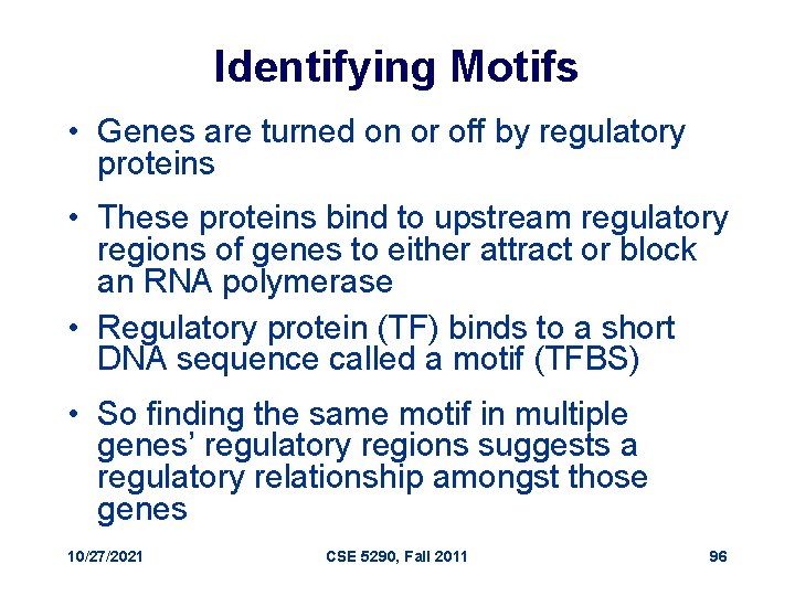 Identifying Motifs • Genes are turned on or off by regulatory proteins • These