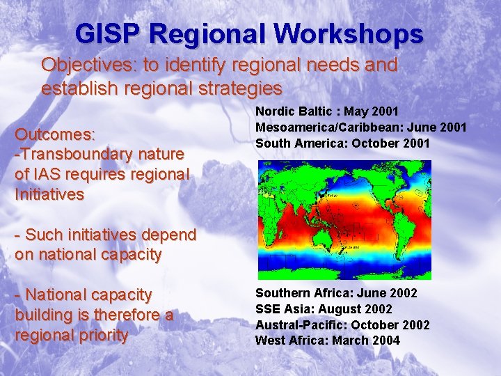 GISP Regional Workshops Objectives: to identify regional needs and establish regional strategies Outcomes: -Transboundary