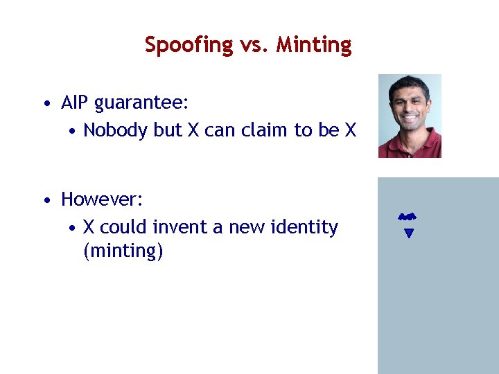 Spoofing vs. Minting • AIP guarantee: • Nobody but X can claim to be