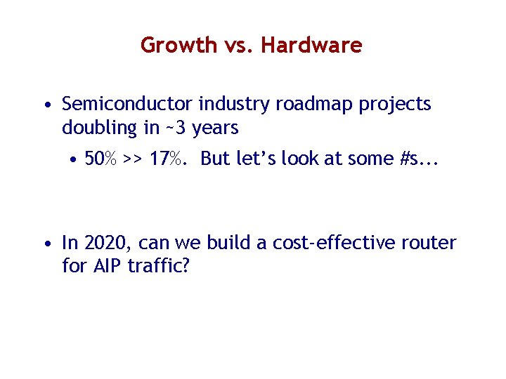 Growth vs. Hardware • Semiconductor industry roadmap projects doubling in ~3 years • 50%