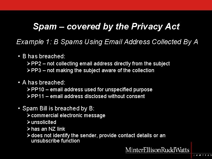 Spam – covered by the Privacy Act Example 1: B Spams Using Email Address