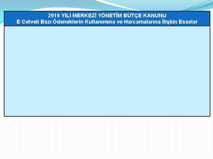 2019 YILI MERKEZİ YÖNETİM BÜTÇE KANUNU E Cetveli Bazı Ödeneklerin Kullanımına ve Harcamalarına İlişkin