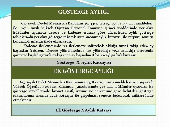 GÖSTERGE AYLIĞI 657 sayılı Devlet Memurları Kanunun 36, 43/a, 149, 150, 154 ve 155