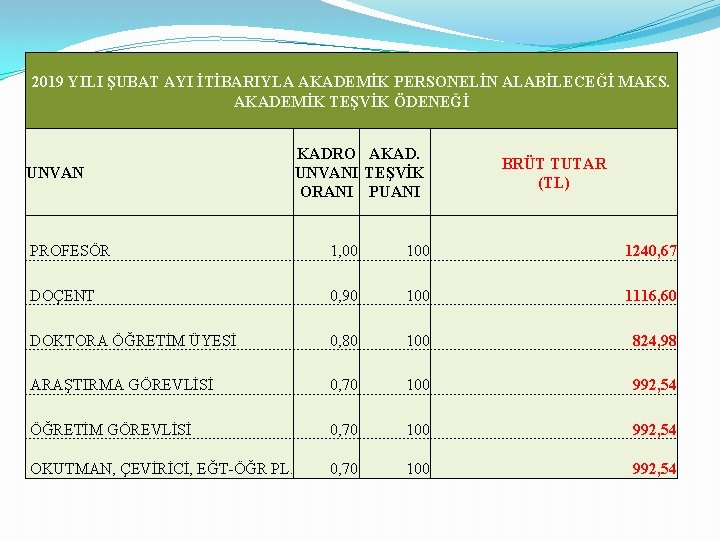 2019 YILI ŞUBAT AYI İTİBARIYLA AKADEMİK PERSONELİN ALABİLECEĞİ MAKS. AKADEMİK TEŞVİK ÖDENEĞİ UNVAN KADRO