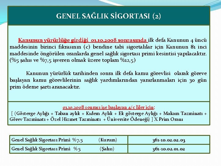 GENEL SAĞLIK SİGORTASI (2) Kanunun yürürlüğe girdiği 01. 10. 2008 sonrasında ilk defa Kanunun