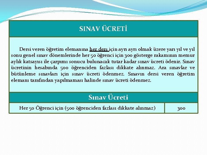 SINAV ÜCRETİ Dersi veren öğretim elemanına her ders için ayrı olmak üzere yarı yıl