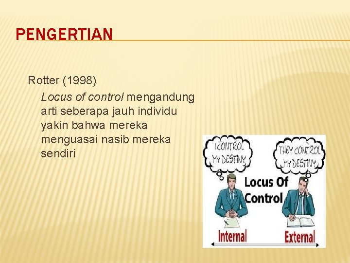 PENGERTIAN Rotter (1998) Locus of control mengandung arti seberapa jauh individu yakin bahwa mereka