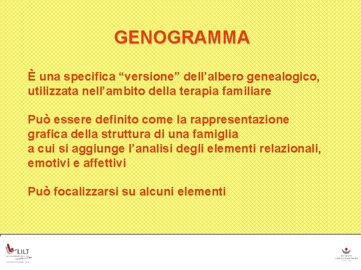 GENOGRAMMA È una specifica “versione” dell’albero genealogico, utilizzata nell’ambito della terapia familiare Può essere