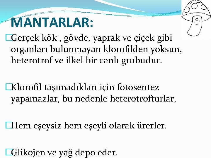 MANTARLAR: �Gerçek kök , gövde, yaprak ve çiçek gibi organları bulunmayan klorofilden yoksun, heterotrof