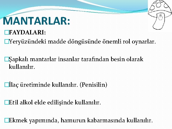 MANTARLAR: �FAYDALARI: �Yeryüzündeki madde döngüsünde önemli rol oynarlar. �Şapkalı mantarlar insanlar tarafından besin olarak