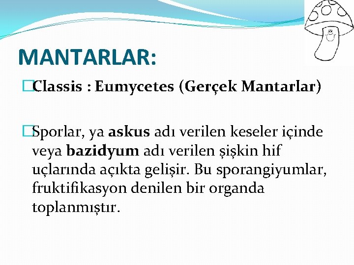 MANTARLAR: �Classis : Eumycetes (Gerçek Mantarlar) �Sporlar, ya askus adı verilen keseler içinde veya