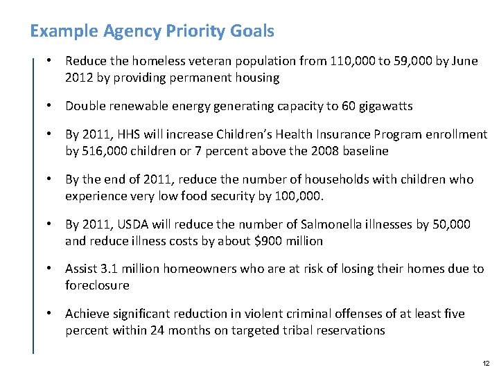 Example Agency Priority Goals • Reduce the homeless veteran population from 110, 000 to