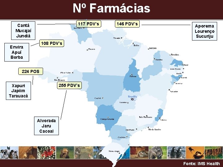 Nº Farmácias 117 PDV’s Cantá Mucajaí Jundiá 146 PDV’s Aporema Lourenço Sucuriju 108 PDV’s