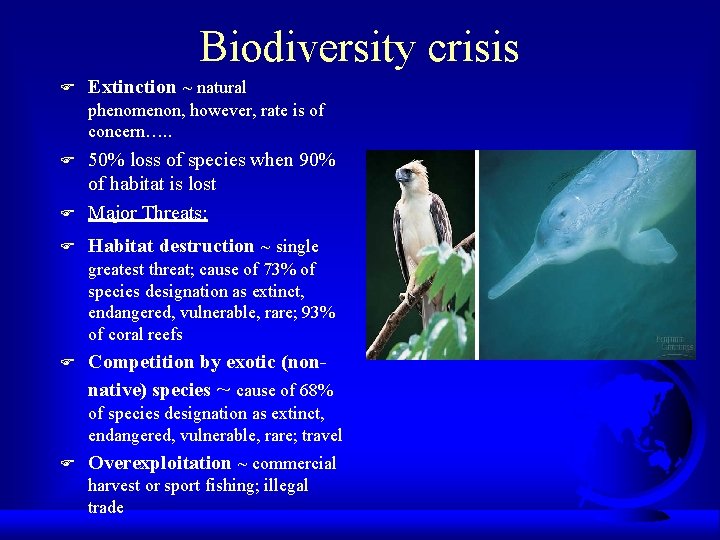 Biodiversity crisis F Extinction ~ natural phenomenon, however, rate is of concern…. . F