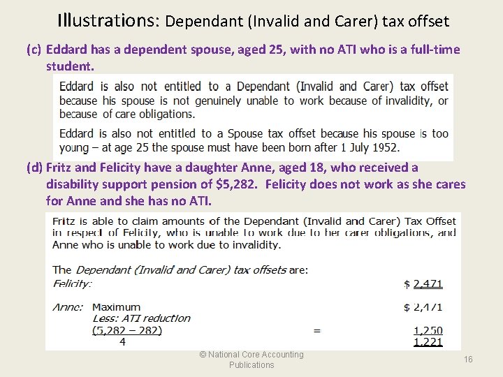 Illustrations: Dependant (Invalid and Carer) tax offset (c) Eddard has a dependent spouse, aged