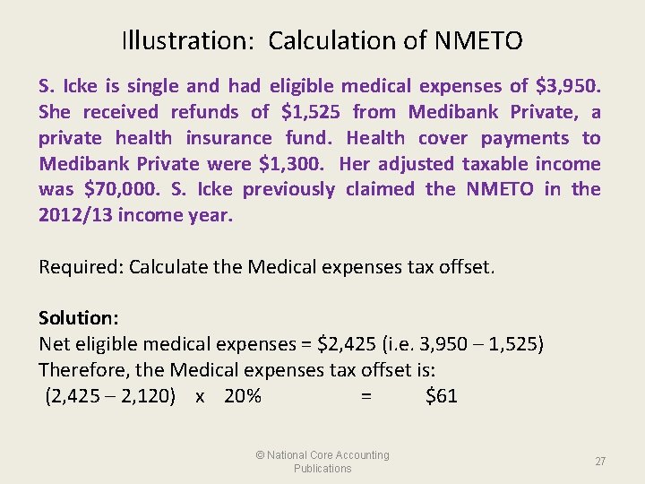 Illustration: Calculation of NMETO S. Icke is single and had eligible medical expenses of