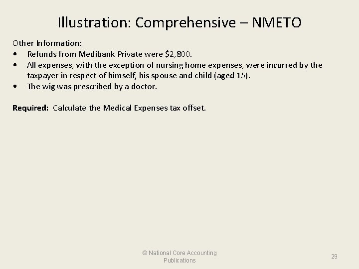 Illustration: Comprehensive – NMETO Other Information: • Refunds from Medibank Private were $2, 800.