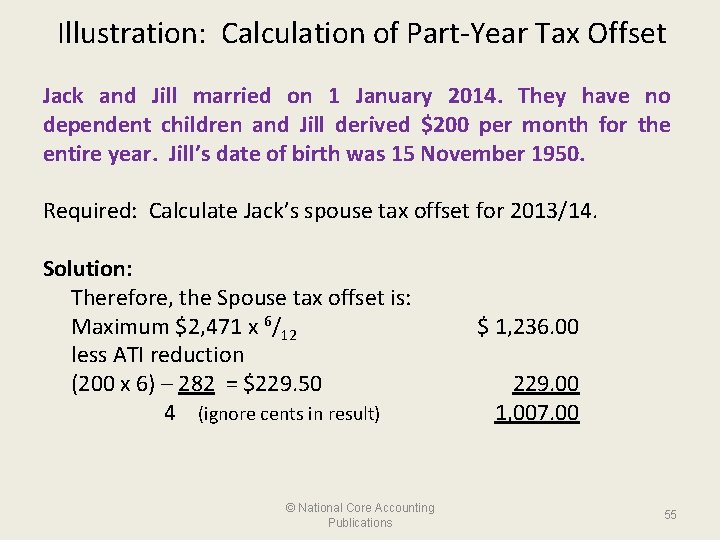 Illustration: Calculation of Part-Year Tax Offset Jack and Jill married on 1 January 2014.