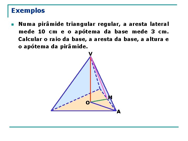 Exemplos n Numa pirâmide triangular regular, a aresta lateral mede 10 cm e o