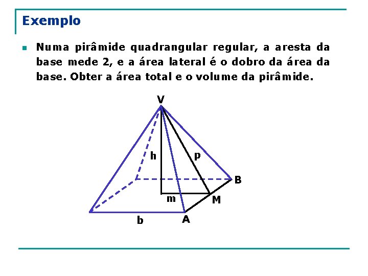 Exemplo n Numa pirâmide quadrangular regular, a aresta da base mede 2, e a