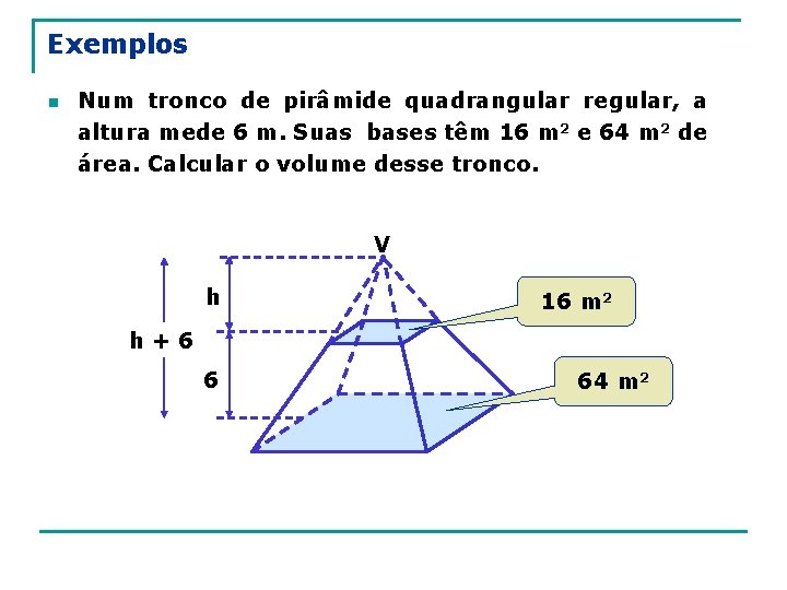 Exemplos n Num tronco de pirâmide quadrangular regular, a altura mede 6 m. Suas