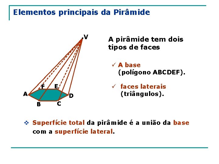 Elementos principais da Pirâmide V A pirâmide tem dois tipos de faces ü A