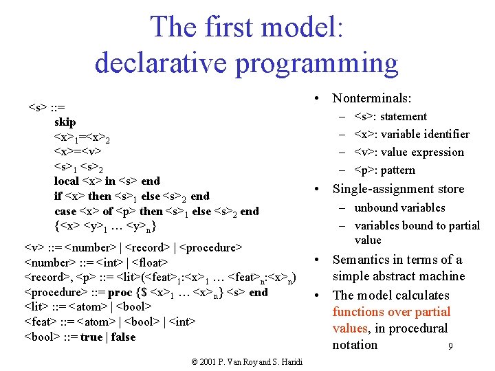 The first model: declarative programming <s> : : = skip <x>1=<x>2 <x>=<v> <s>1 <s>2