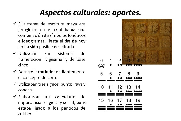 Aspectos culturales: aportes. ü El sistema de escritura maya era jeroglífico en el cual