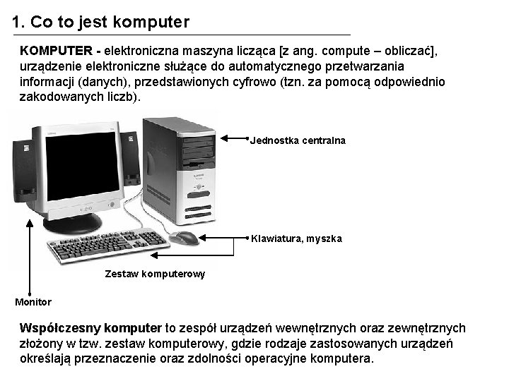 1. Co to jest komputer KOMPUTER - elektroniczna maszyna licząca [z ang. compute –