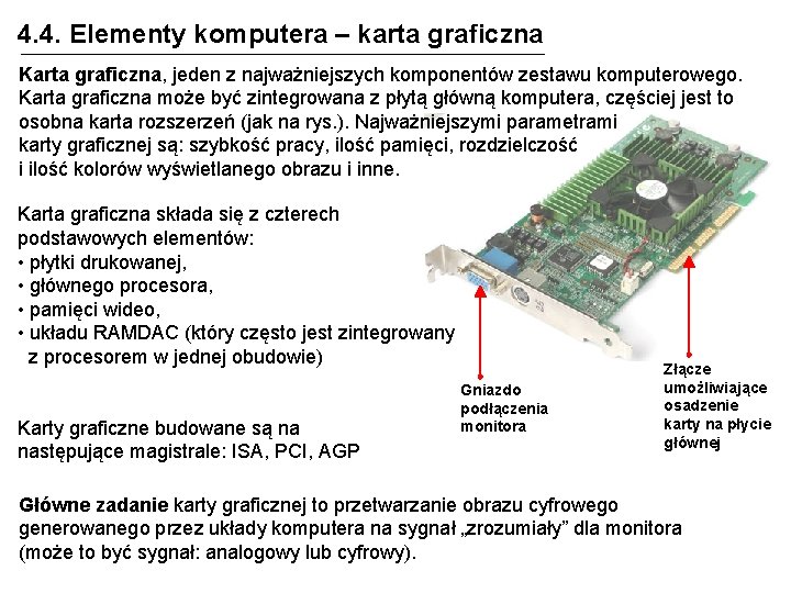 4. 4. Elementy komputera – karta graficzna Karta graficzna, jeden z najważniejszych komponentów zestawu