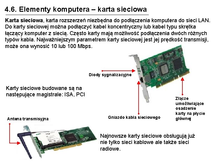 4. 6. Elementy komputera – karta sieciowa Karta sieciowa, karta rozszerzeń niezbędna do podłączenia