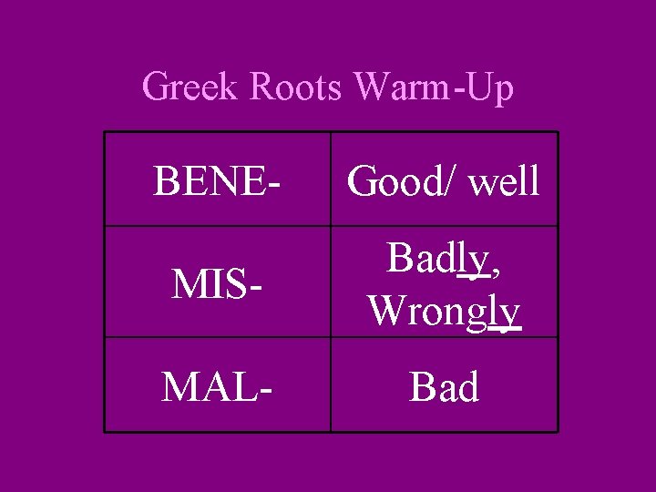 Greek Roots Warm-Up BENE- Good/ well MIS- Badly, Wrongly MAL- Bad 