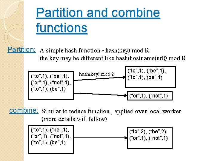 Partition and combine functions Partition: A simple hash function - hash(key) mod R. the