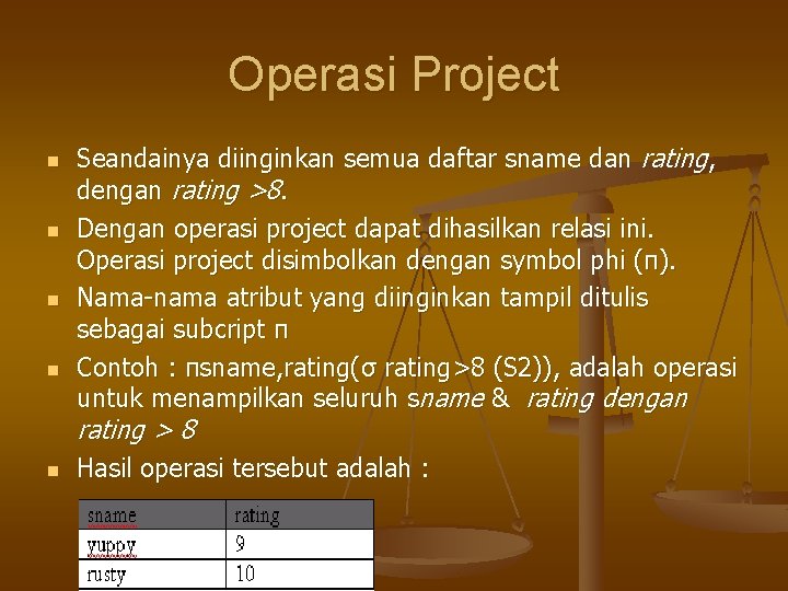 Operasi Project n n Seandainya diinginkan semua daftar sname dan rating, dengan rating >8.