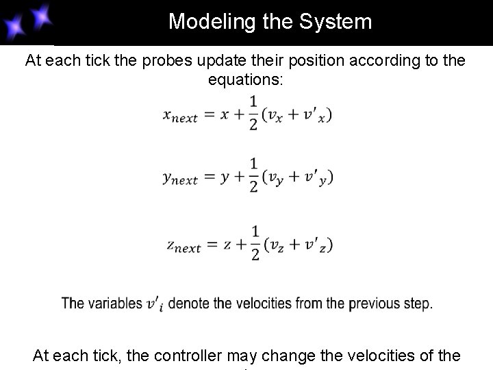 Modeling the System At each tick the probes update their position according to the Modeling the System At each tick the probes update their position according to the