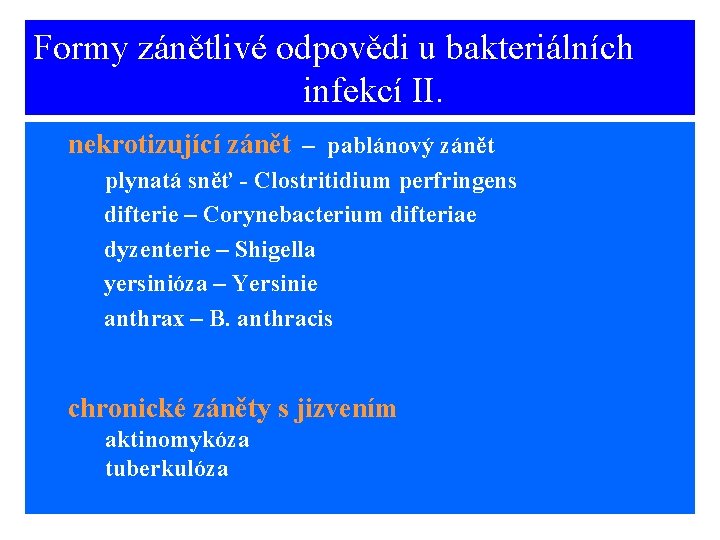 Formy zánětlivé odpovědi u bakteriálních infekcí II. nekrotizující zánět – pablánový zánět plynatá sněť