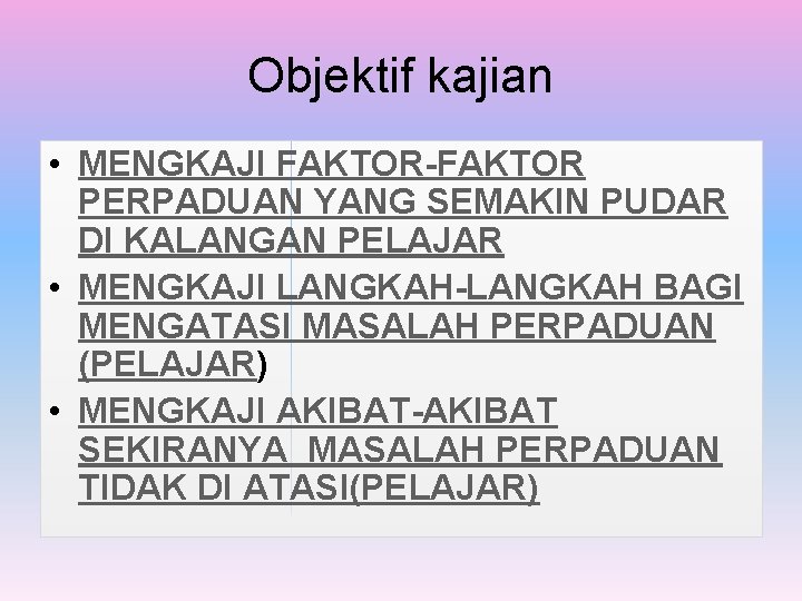 Objektif kajian • MENGKAJI FAKTOR-FAKTOR PERPADUAN YANG SEMAKIN PUDAR DI KALANGAN PELAJAR • MENGKAJI