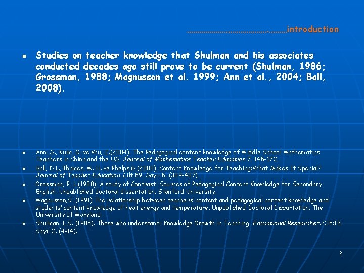 …………………. ………introduction n n n Studies on teacher knowledge that Shulman and his associates
