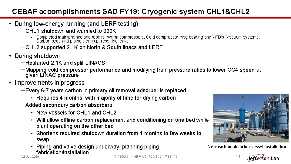 CEBAF accomplishments SAD FY 19: Cryogenic system CHL 1&CHL 2 • During low-energy running