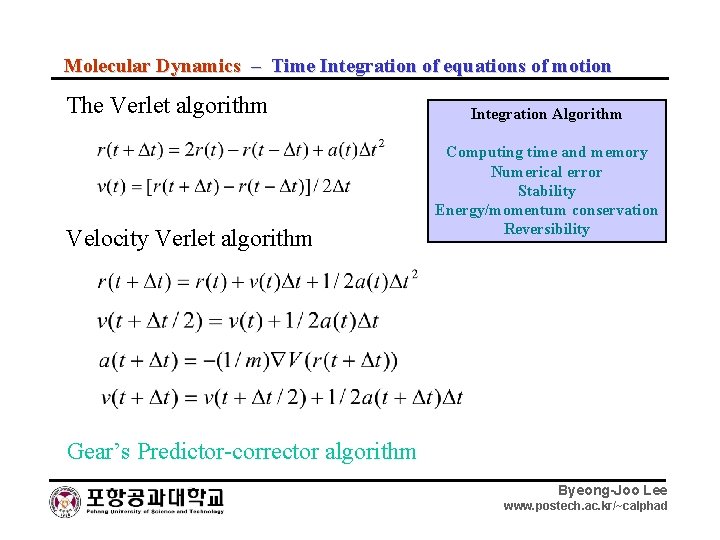 Molecular Dynamics – Time Integration of equations of motion The Verlet algorithm Velocity Verlet