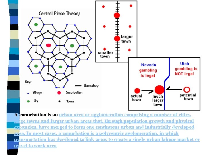 A conurbation is an urban area or agglomeration comprising a number of cities, large