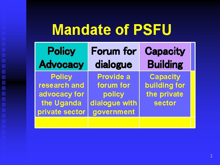 Mandate of PSFU Policy Forum for Capacity Advocacy dialogue Building Policy Provide a research