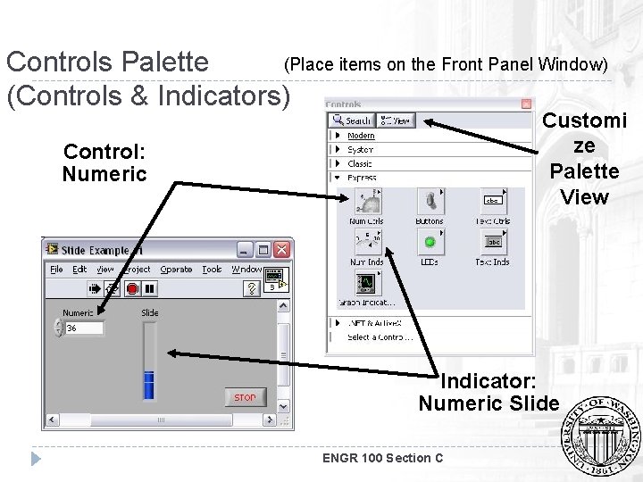 (Place items on the Front Panel Window) Controls Palette (Controls & Indicators) Customi ze